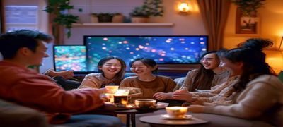 bytv海外华人用户案例，旅居海外的华人家庭围坐在电视前通过bytv收看春节晚会，温馨家庭场景